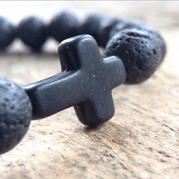Black Cross Lava Bracelet for Men